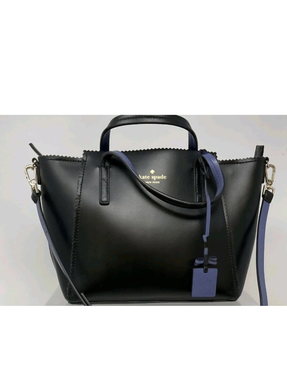 kate spade Black Leather Tote with Navy Trim